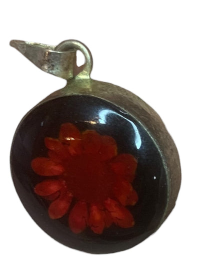 Vintage Silvertone Resin Pendant .7" Diameter Black Red Flower