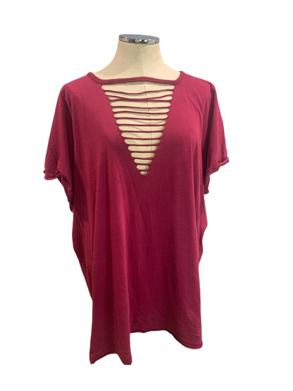 3X Torrid Womens Deconstructed V-Neck Tshirt Magenta Soft Knit Cuffed Short Sleeve