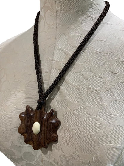 Vintage Wooden Medallion Tie Closure Necklace Statement Medallion Faux Wood