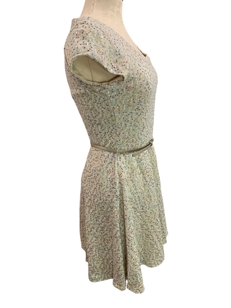 Medium As You Wish Junior Womens Tan Sequin A-Line Belted Dress Lined