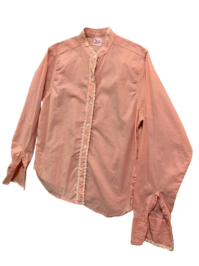 Medium Vintage 1950s Pink Button Up Shirt Lace Trim French Cuff