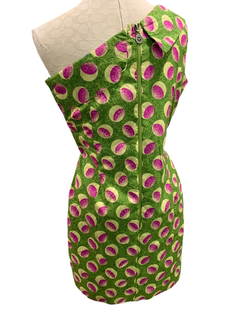 Small Vintage 1960s One Shoulder Sheath Dress Green Pink