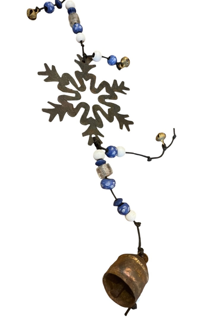 Rustic 3 Metal Snowflakes with Beads  Bells Windchime 24 Length