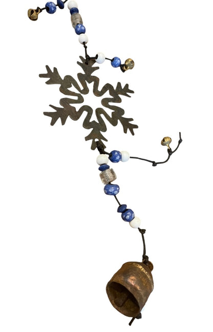 Rustic 3 Metal Snowflakes with Beads  Bells Windchime 24 Length
