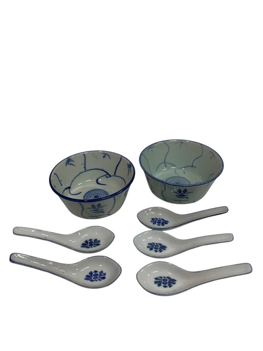 Chinese 2 Rice Bowls and 5 Spoon Set Blue White