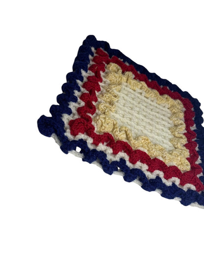 Vintage 1970s Handmade Crocheted Doily Red White Blue 9.5x10.5 Inches