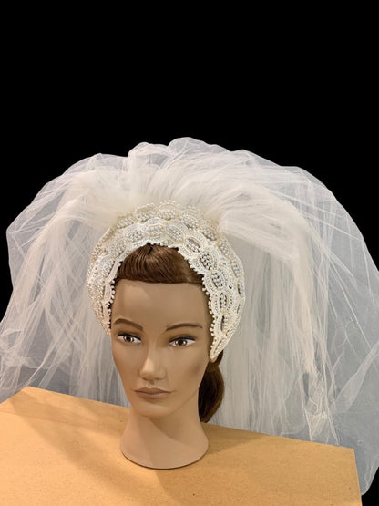 Vintage 1970s Bridal Veil Headband Ivory Fascinator Wedding