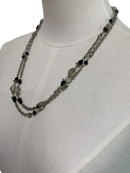 Long Strand String Necklace 42 Inches Silvertone Black Lobster Clasp