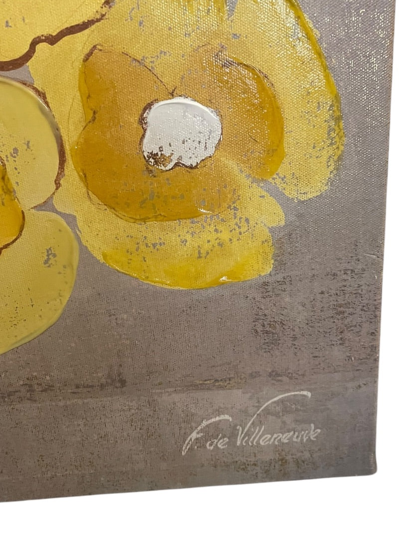 F. de Villeneuve Yellow Flowers in Vase Canvas Floral Wall Hanging