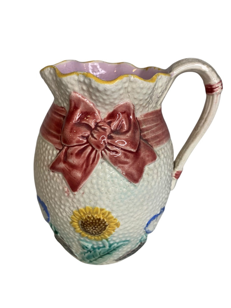 Simon Fielding Majolica Pitcher Ribbon Pattern Antique 5.5 Inches