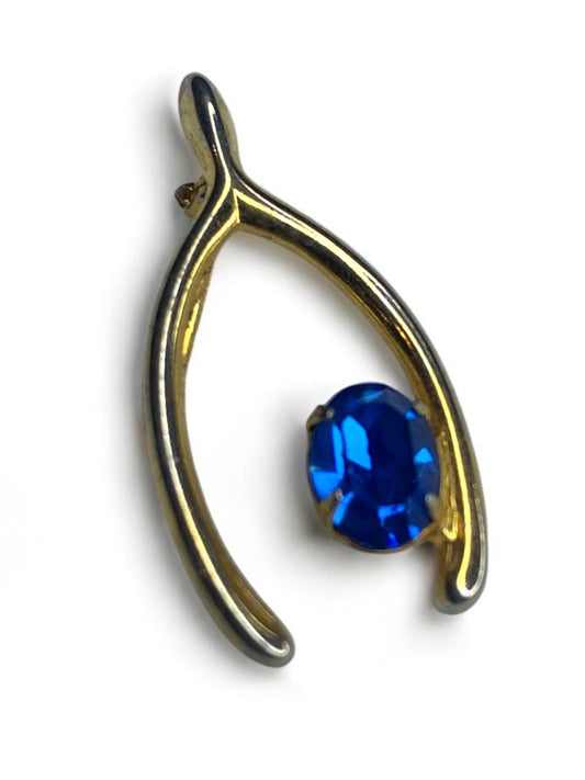 Vintage Goldtone Wishbone Brooch Pin Blue Stone 1.25"