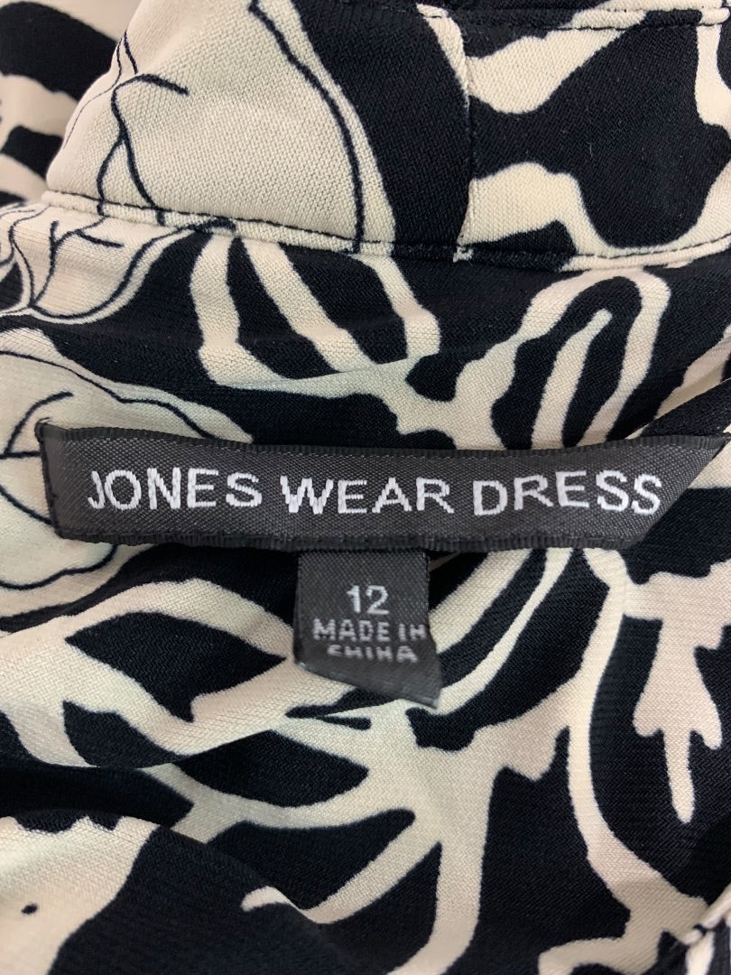Size 12 Jones Wear Dress Black Ivory Print Pullover Stretch A-Line Midi