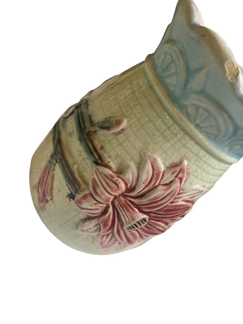 Antique Majolica Floral Vase 5.25 Inch Pink Blue Marked "H"