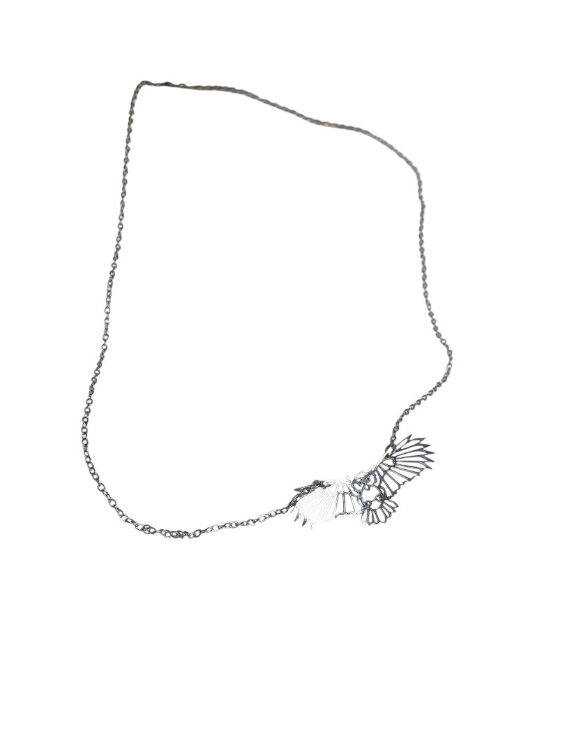 Silvertone Flying Owl Pendant Lasercut 18 Inch