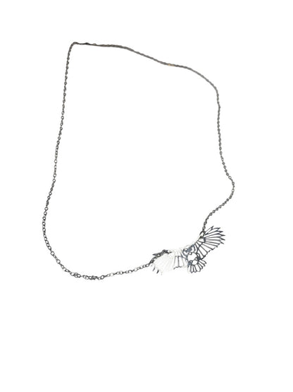 Silvertone Flying Owl Pendant Lasercut 18 Inch