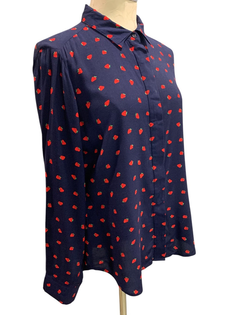 Medium Per Se Womens Button Up Shirt Strawberry Print Blouse Rayon