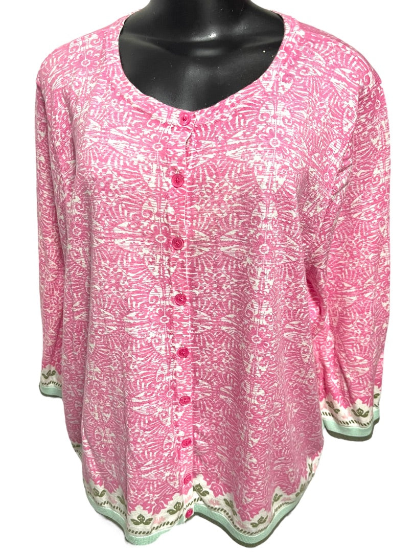 3X Talbots Plus Womens Lightweight 3/4 Sleeve Cardigan Sweater Pink Contrast Trim