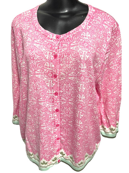 3X Talbots Plus Womens Lightweight 3/4 Sleeve Cardigan Sweater Pink Contrast Trim