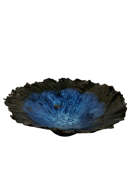 Art Pottery Signed Blue Black Bowl Textured Edge Vintage 7 Inch Diameter