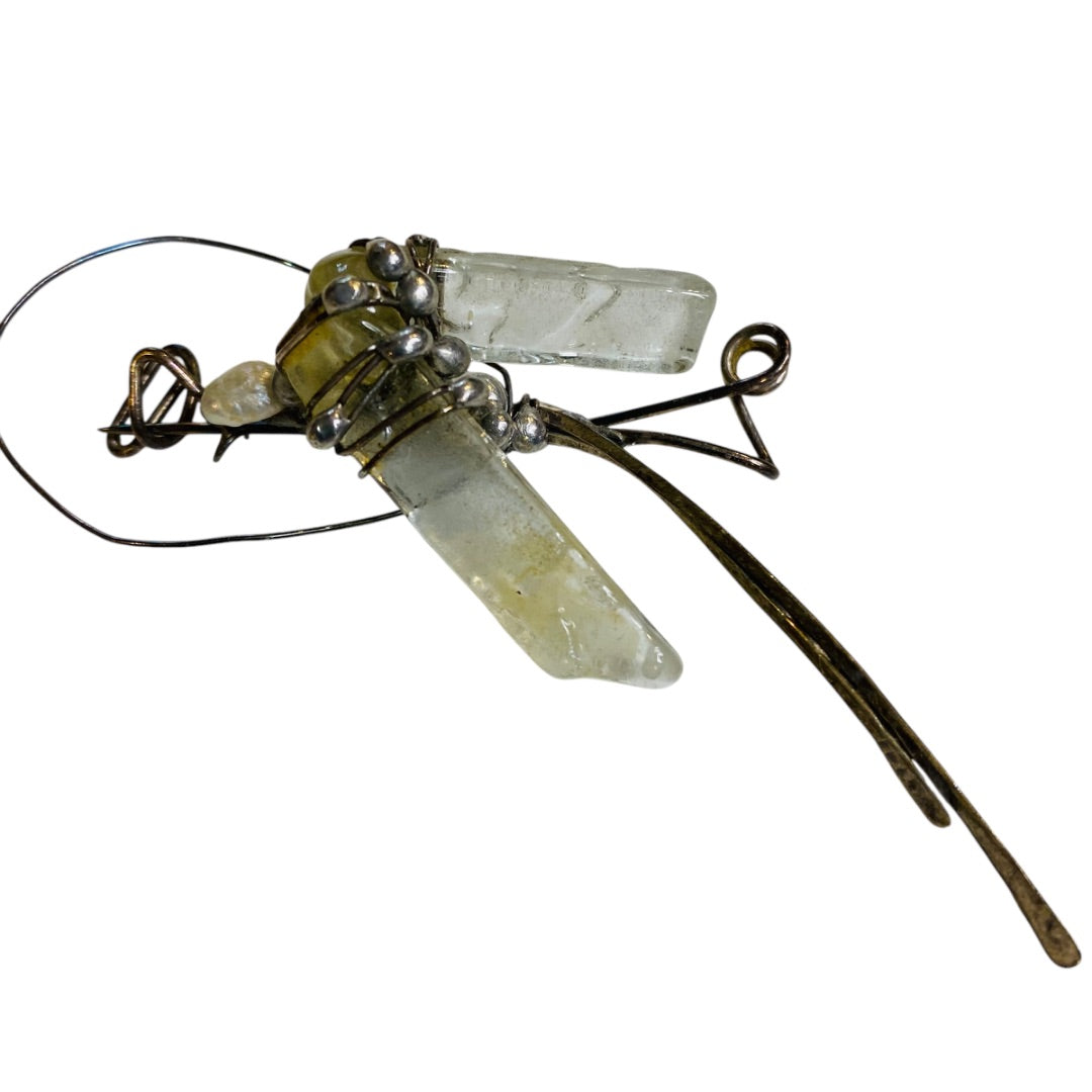 Quartz and Silvertone Handmade Artisan Brooch Pin Wire Wrap