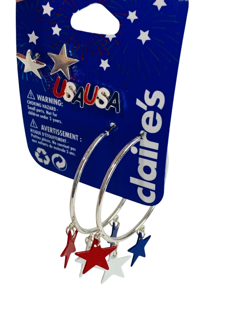 Claires New Set of 3 Pierced Earrings USA Patriotic Silvertone