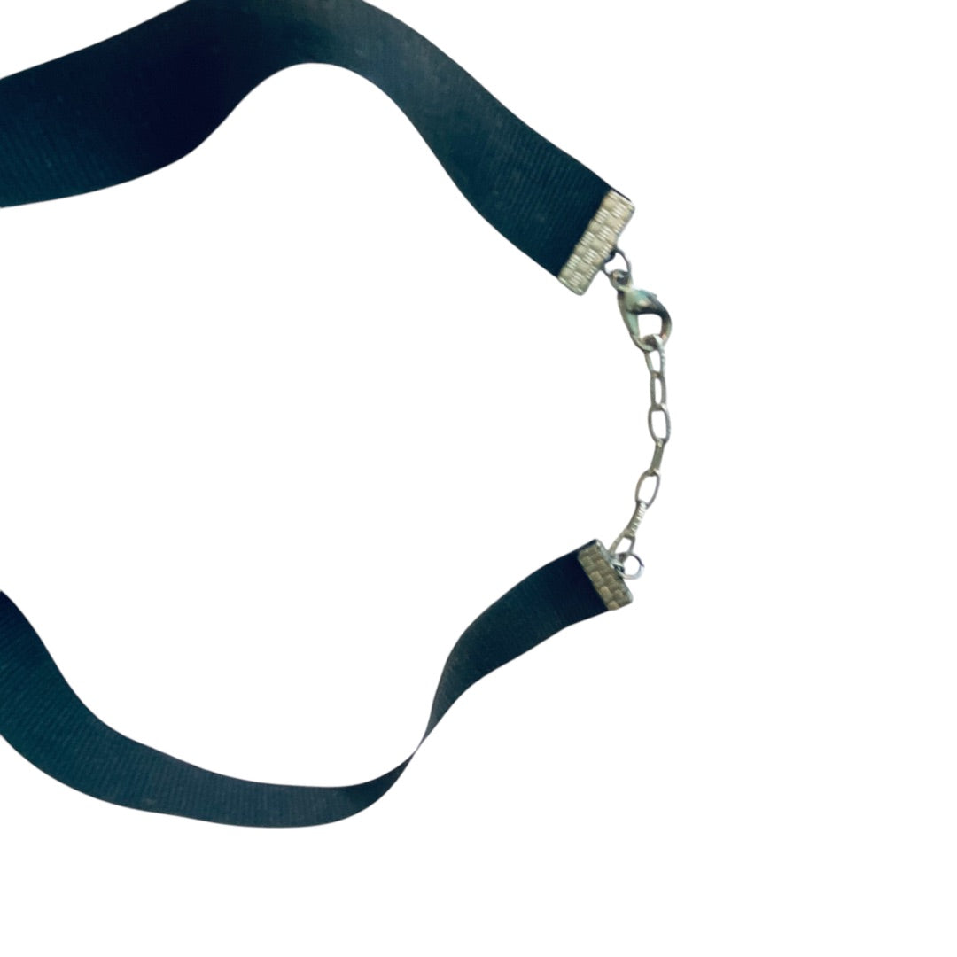 1980s Goth Ribbon Choker Necklace Black Silverton Cross 13-15 Inch Lobster Clasp