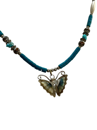 Vintage Silvertone Beaded Butterfly Pendant Necklace 19 Inch Barrel Clasp