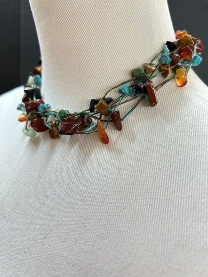 Mixed Chip Stone Turquoise Multistrand Chip Necklace Toggle Closure 16 Inch