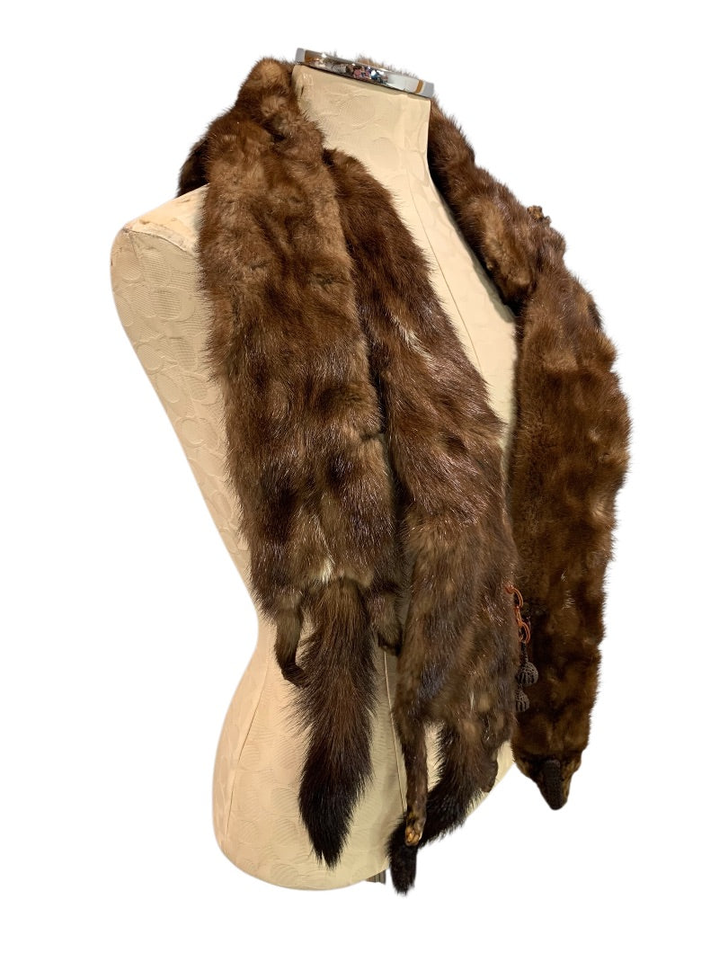 1950s Head to Tail Brown Mink Fur Scarf Vintage 54 Inch