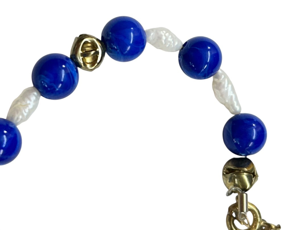 Blue and Freshwater Pearl 7 Inch Bracelet Goldtone Spring Clasp