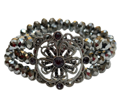 Triple Strand Stretch Bracelet Silvertone Faceted Beads Medallion