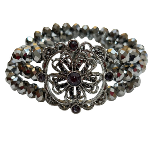 Triple Strand Stretch Bracelet Silvertone Faceted Beads Medallion