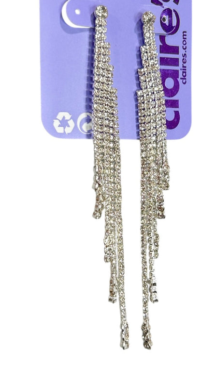 Claires New Swag Rhinestone Earrings Silvertone 4 Inch Drop Post Pierced