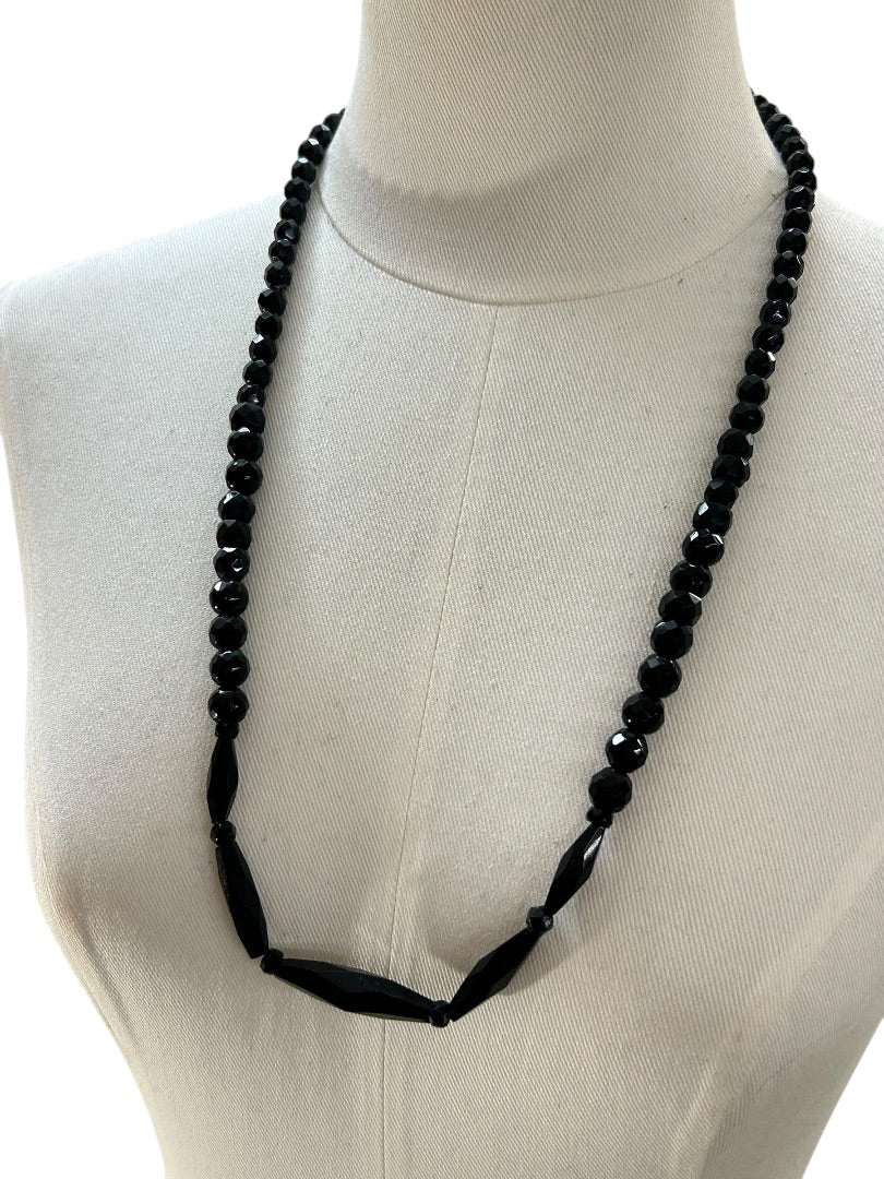 Vintage Jet Aurora Borealis Black Beaded Necklace Overhead 28 Inch