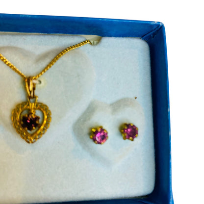 Vintage Simulated Amethyst Goldtone Necklace Earring Set New Old Stock Heart Stud