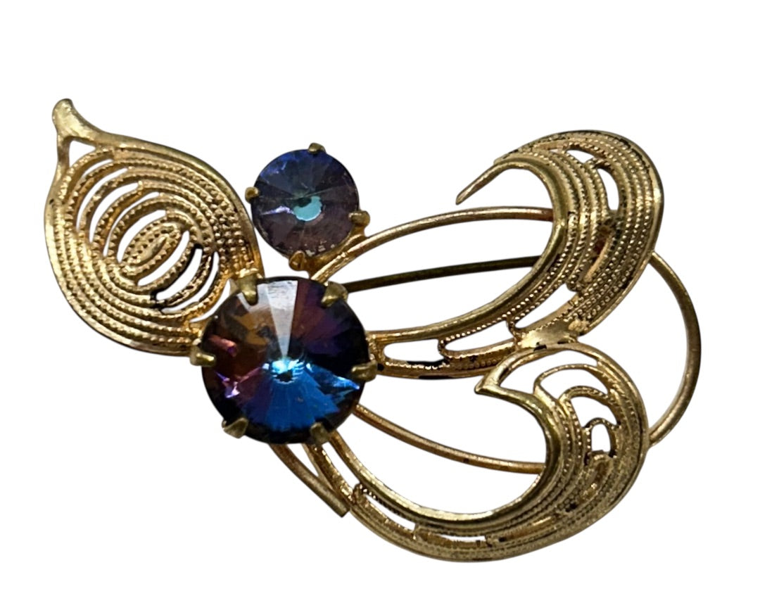 Vintage Goldtone Abstract Brooch Pin Blue Purple Filigree Swirt 2 Inch