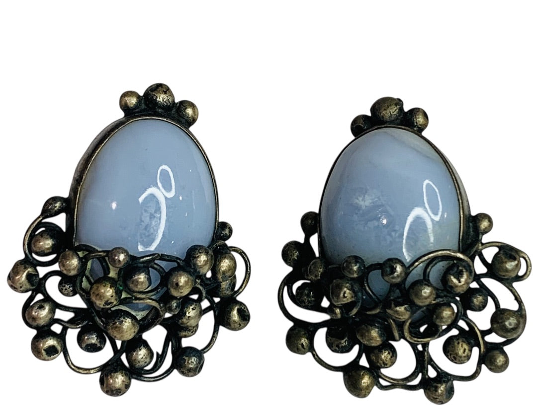 Sterling Silver Vintage Screwback Clip-On Earrings Blue Glass 1.5 Inch