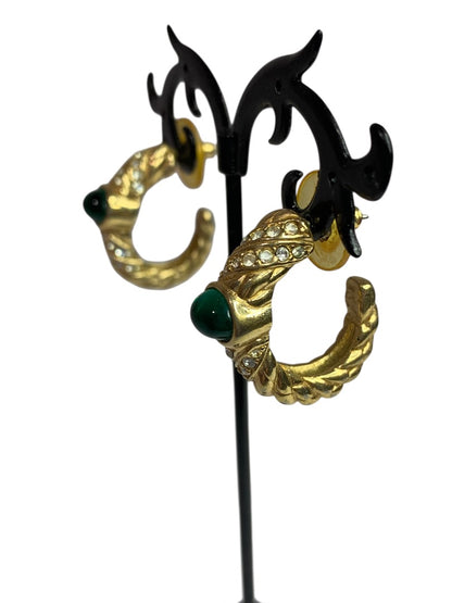 Goldtone Swarovski Hoop Pierced Post Earrings Green Crystal 1 Inch Drop