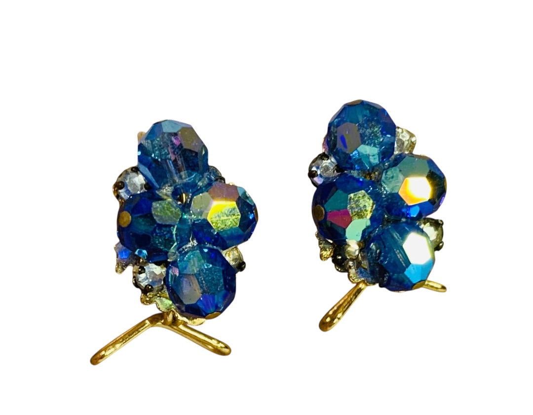 Wingback Earrings Blue Aurora Borealis Crystal Cluster Goldtone Pierced 1 Inch