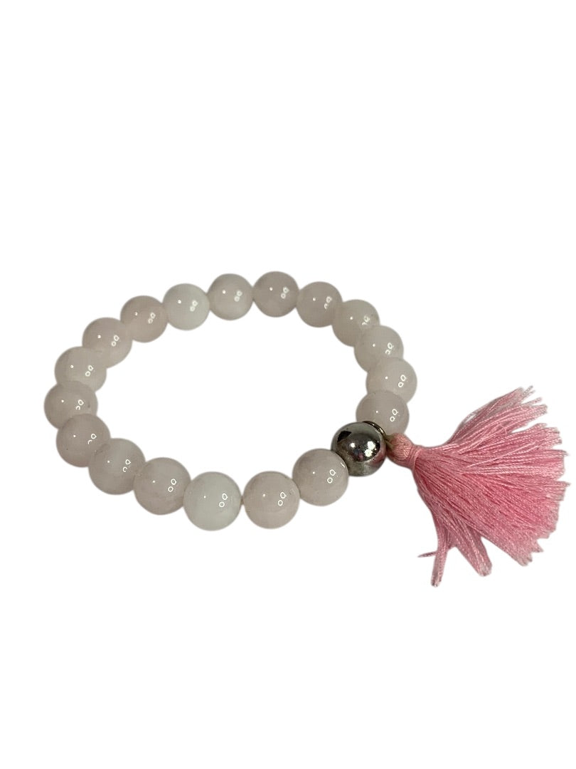 Stretch Blush Pink Stone Bracelet Tassel Silvertone Bead