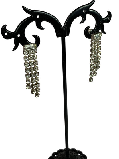Vintage Silvertone Rhinestone Earrings Post Pierced Swag Movement 1.25" Drop