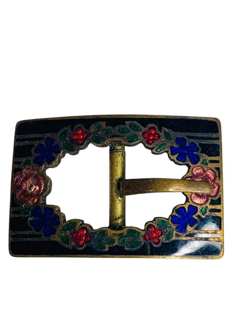 Vintage Guilloche Enamel Belt Buckle Small 7/8" x 1 3/8" Czechoslovakia Floral