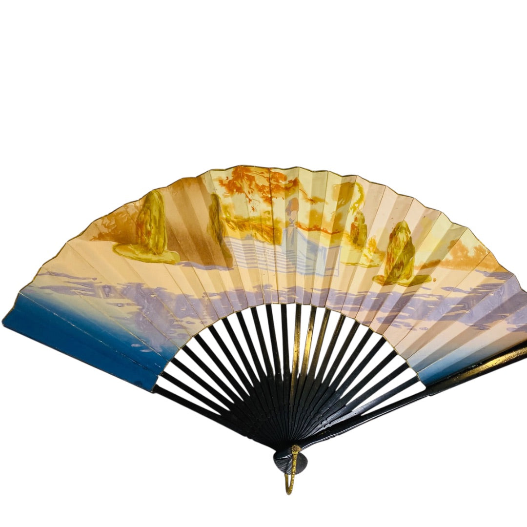 Vintage Hand Fan Vibrant Asian Paper Black Lacquer 10.5 Inch