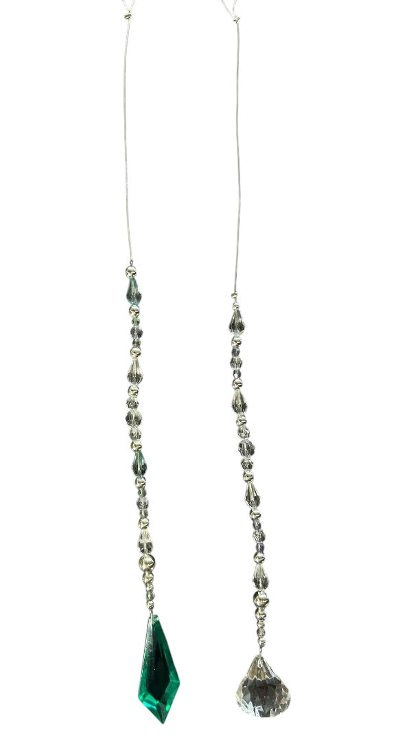 Two Wire Acrylic Beaded Haning Prisms Clear Teal Silvertone 14.5 Inch