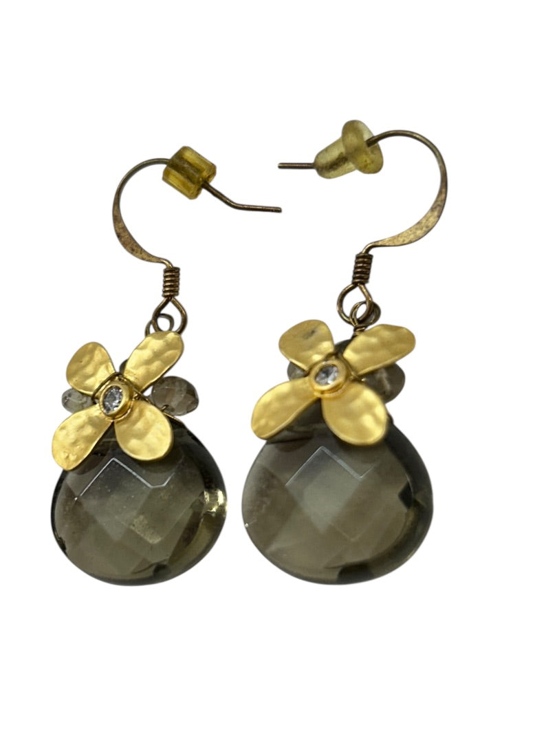 Goldtone Fish Hook Earrings Flower Pierced 1.4 Inch Drop Dangle