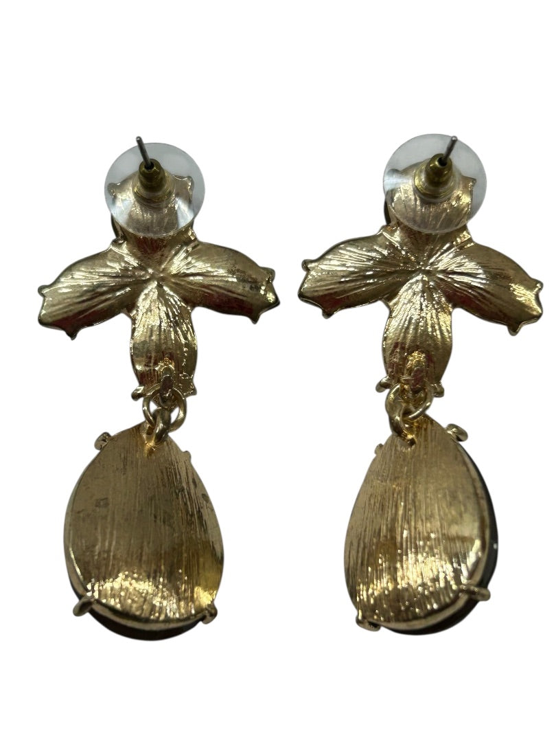 Goldtone Brown Acrylic Statement Post Pierced Earrings 2" Drop