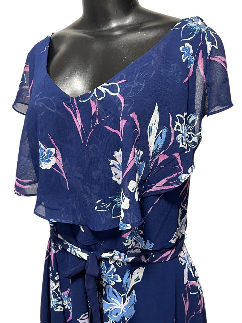 Size 24 Lane Bryant Floral Lined Split Flutter Sleeve Midi Dress Zipper Tie