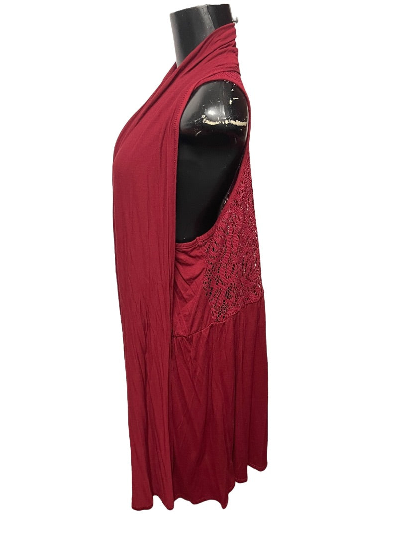 XL Coldwater Creek Womens Burgundy Open Vest Tunic Lace Detail