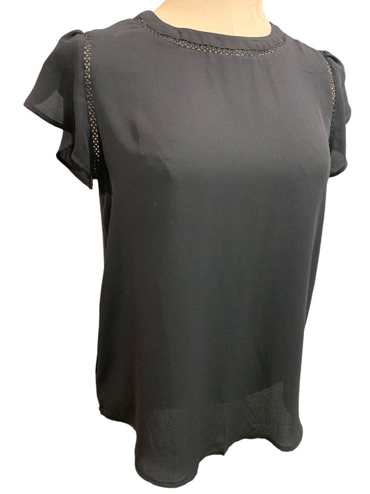 XS Loft Womens Black Short Sleeve Blouse Slightly Sheer Button Back