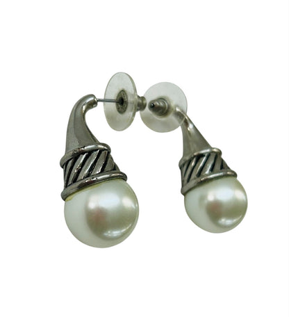 Faux Pearl and Silvertone Post Pierced Earrings 1.25 Inch Drop